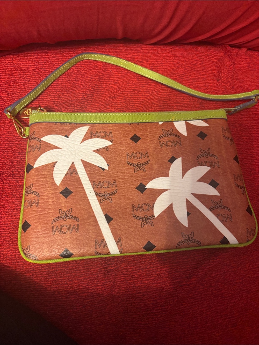 MCM limited edition Brown Palm-Print Wristlet with White Palms and Lime Trim
